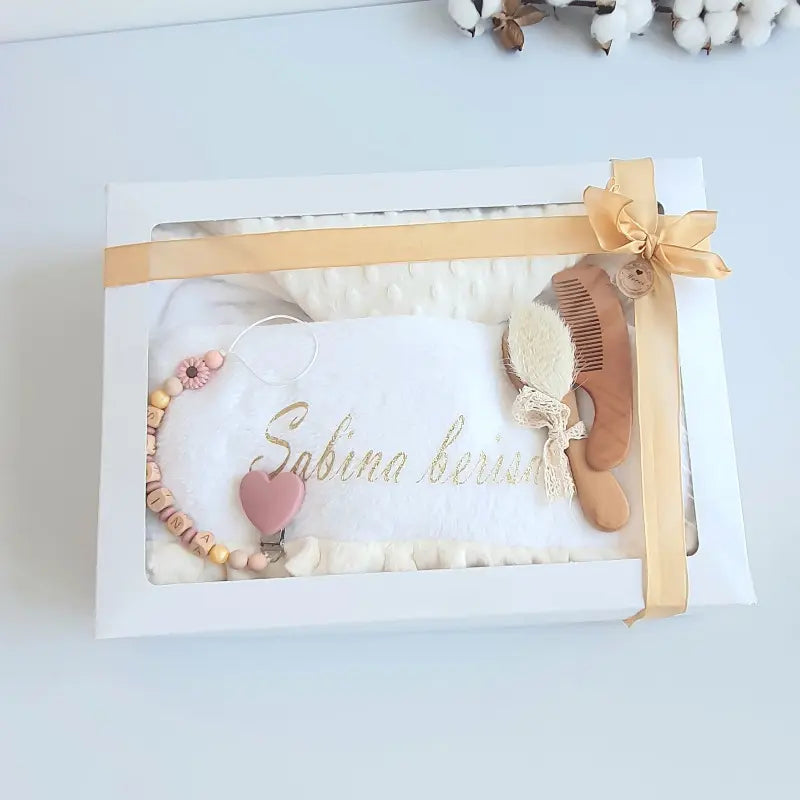 Coffret Naissance Bébé Personnalisable - Pochette Cordon, Attache Tétine, Bavoir, Bonnet, Brosse - Cadeau Fille/Garçon