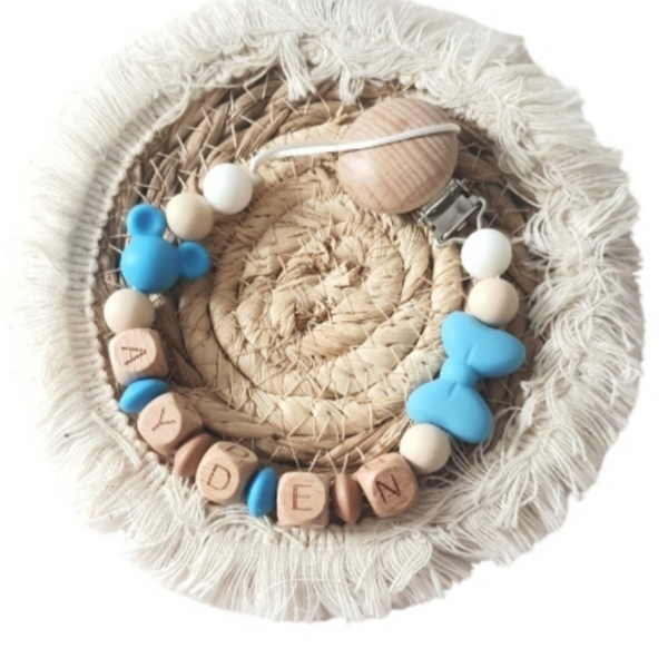Attache tétine en silicone bleu bois caramel