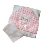 Cape de bain serviette pour bébé avec son gants de toilette personnalisé rose