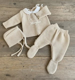 Ensemble laine bébé Personnalisé beige avec beguin