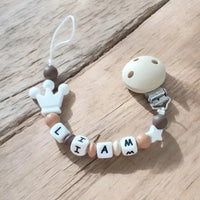 Attache Tétine Silicone Perso	Couronne Blanche, Caramel & Beige