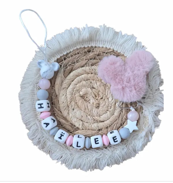 attache tétine en silicone pour fille rose et gris disney