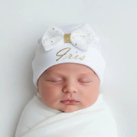 bonnet bébé en coton blanc personnalisé avec noeud décoratif noeud blanc paillete 