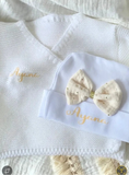 bonnet bébé fille noeud crème paillet personnalisé avec prénom