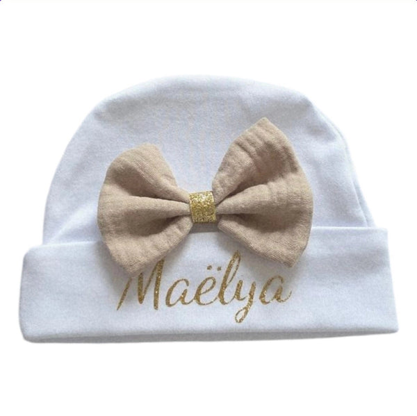 Bonnet bébé coton blanc avec gros nœud gaze de coton Sablé