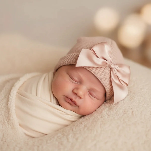 bonnet naissance pour bébé en laine rose thé
