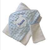 cape de bain bebe personnalisée avec prénom et gant assorti bleu