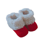 chausson pour bébé en laine avec fourrure moumoute de couleur rouge 