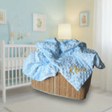  présentation d'une couverture bebe polaire de couleur bleu en minky