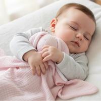 doudou sans yeux rose en gaz de coton porter par un bébé 