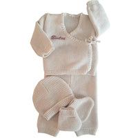 ensemble en laine pour bébé dés la naissance à 3 mois, bonnet, brassière, pantalon et chausson en laine 