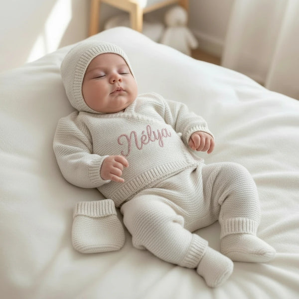 ensemble bébé en laine personnalisé pour naissance en maternité